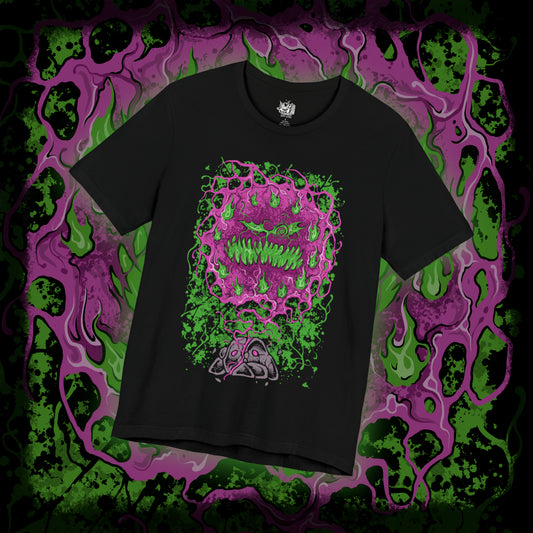 Thumbnail of a T-shirt design of Spiritomb from Pokémon, emerging from the ancient Odd Keystone as swirling purple spirits form a chaotic vortex of cursed faces. The stone rests among cracked earth and eerie fog while spectral energy radiates outward. The design captures the legend of 108 trapped souls bound together, creating a haunting ghost-type presence that embodies resentment and eternal imprisonment.