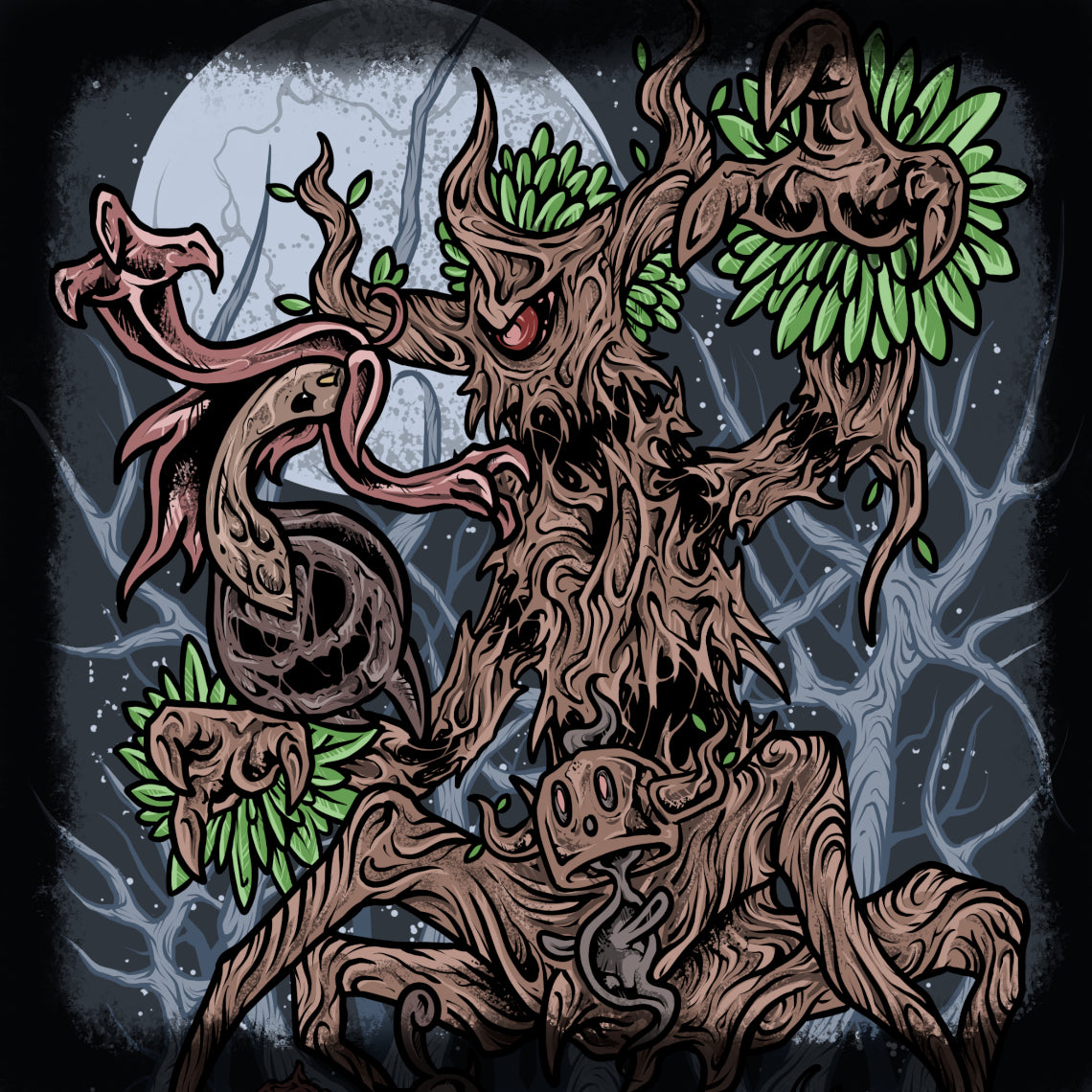 Concept Art of The Forest Revenant of Kalos. Though it appears as nothing more than a twisted tree, a closer look reveals faint, ghostly whispers echoing from within. These voices are said to be the souls bound inside, murmuring in the wind and calling out to the living. At night, its eyes glow faintly in the darkness, a quiet reminder that the forest is never truly empty.