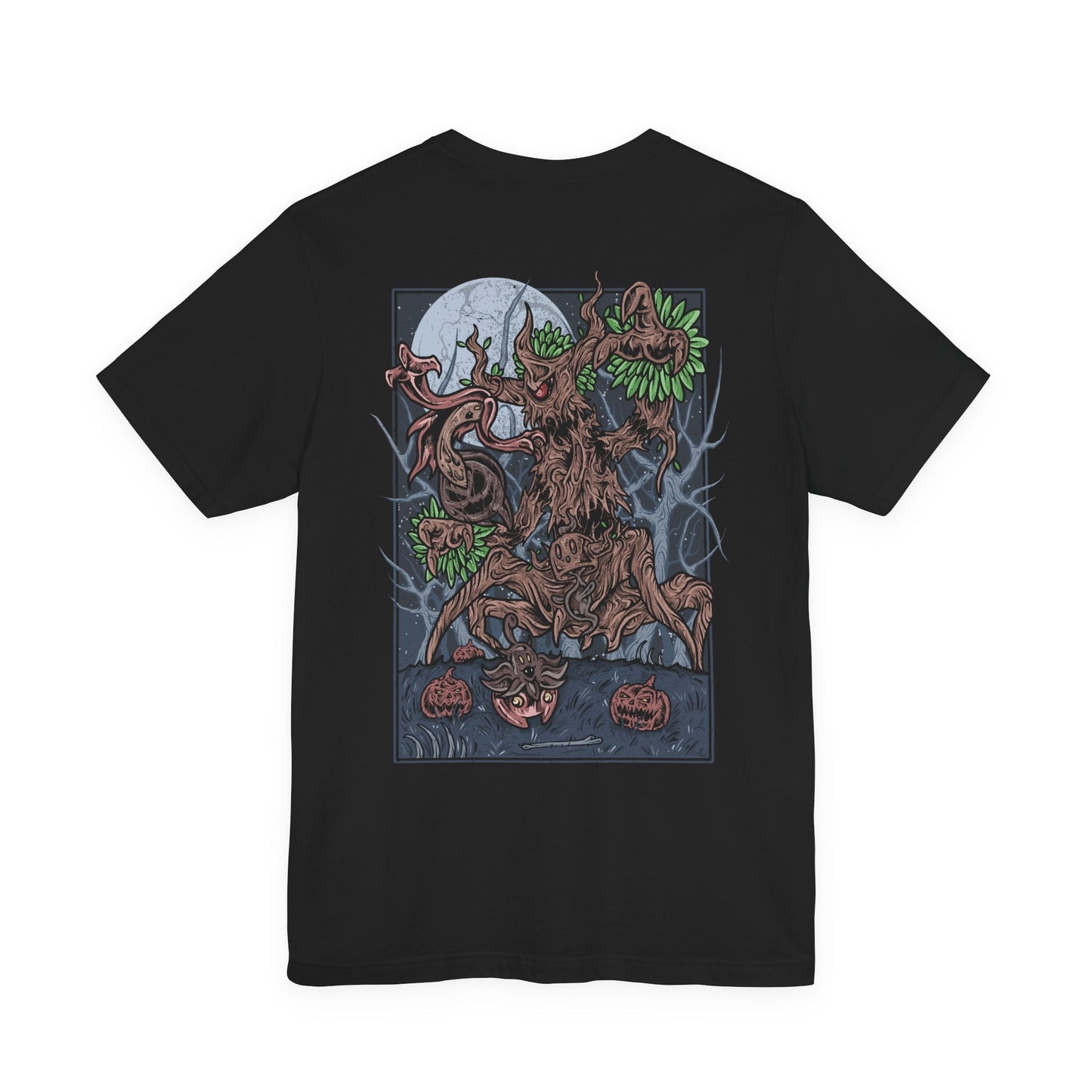 Image 5 of a T-shirt artwork depicting Trevenant emerging from an ancient tree at night, branches shaped like claws and leaves drifting through a dim, eerie glow. The surrounding forest appears alive, with roots coiling and shadows stretching as if under its command. The design emphasizes Trevenant as a Ghost/Grass-type Pokémon tied to lost souls, representing control over nature, darkness, and supernatural retribution.