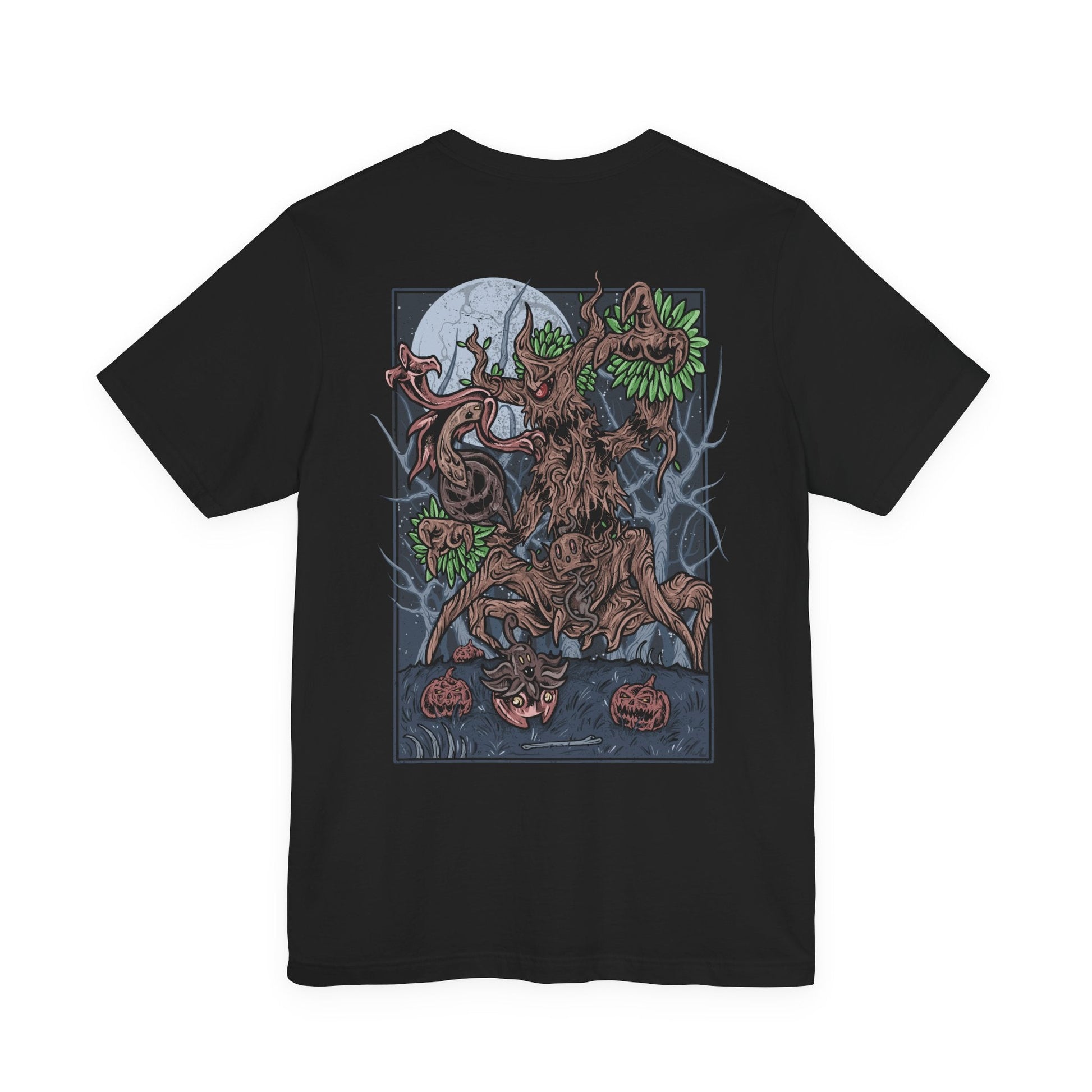 Image 5 of a T-shirt artwork depicting Trevenant emerging from an ancient tree at night, branches shaped like claws and leaves drifting through a dim, eerie glow. The surrounding forest appears alive, with roots coiling and shadows stretching as if under its command. The design emphasizes Trevenant as a Ghost/Grass-type Pokémon tied to lost souls, representing control over nature, darkness, and supernatural retribution.