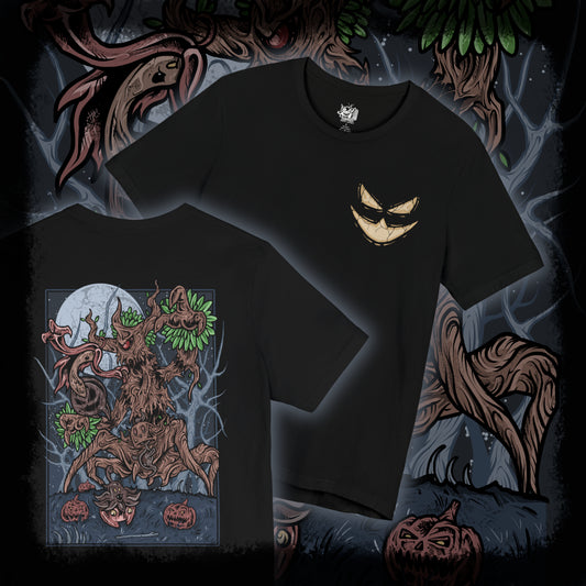 Thumbnail of a T-shirt artwork depicting Trevenant emerging from an ancient tree at night, branches shaped like claws and leaves drifting through a dim, eerie glow. The surrounding forest appears alive, with roots coiling and shadows stretching as if under its command. The design emphasizes Trevenant as a Ghost/Grass-type Pokémon tied to lost souls, representing control over nature, darkness, and supernatural retribution.