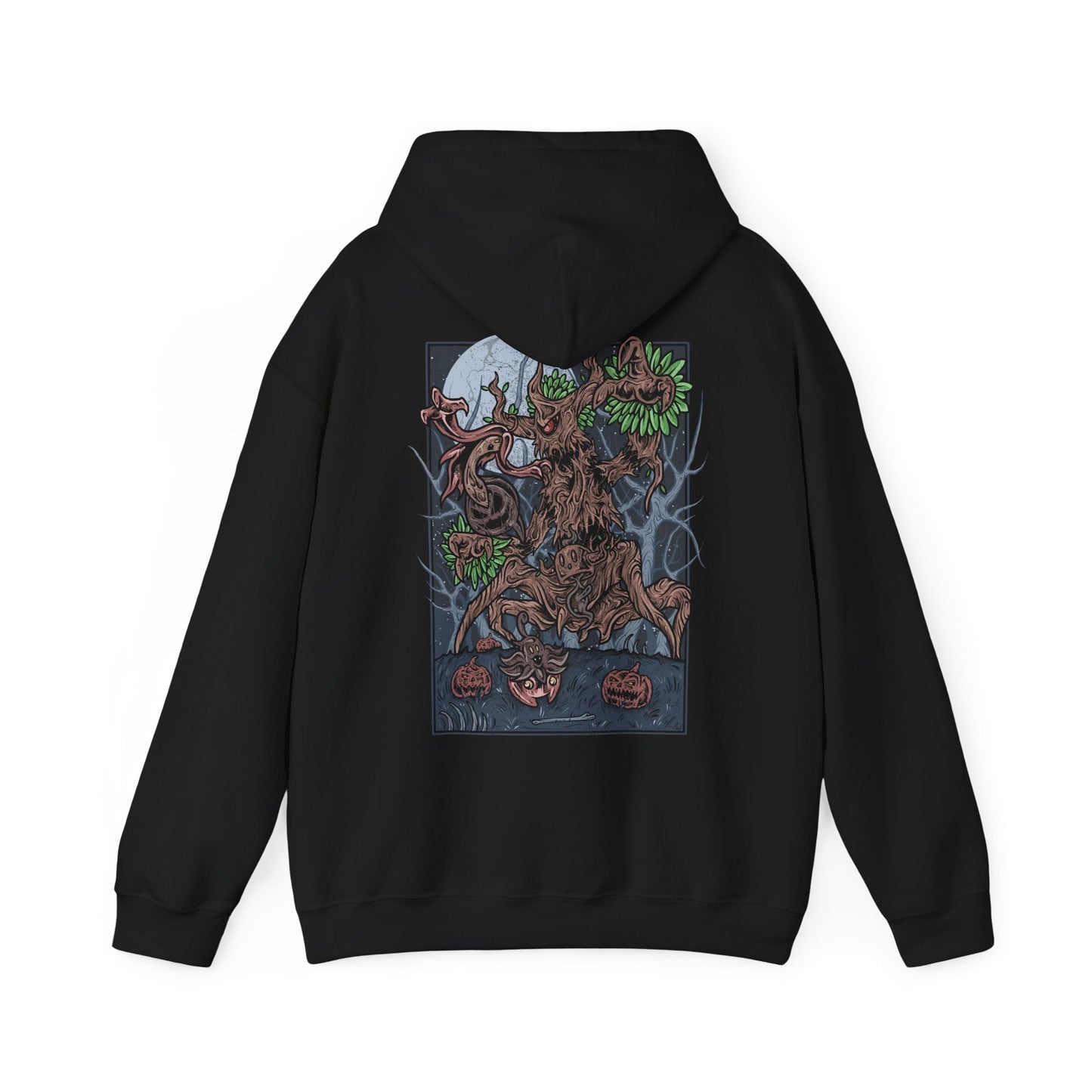 Image 5 of a Hooded Sweatshirt depicting Trevenant looming over a misty woodland path, its silhouette blending with towering trees as glowing eyes watch from the darkness. Subtle faces seem to form within its bark, hinting at the spirits bound inside. The design reflects Trevenant’s lore as a cursed forest spirit Pokémon, symbolizing vengeance, possession, and the eerie life hidden within Kalos forests.