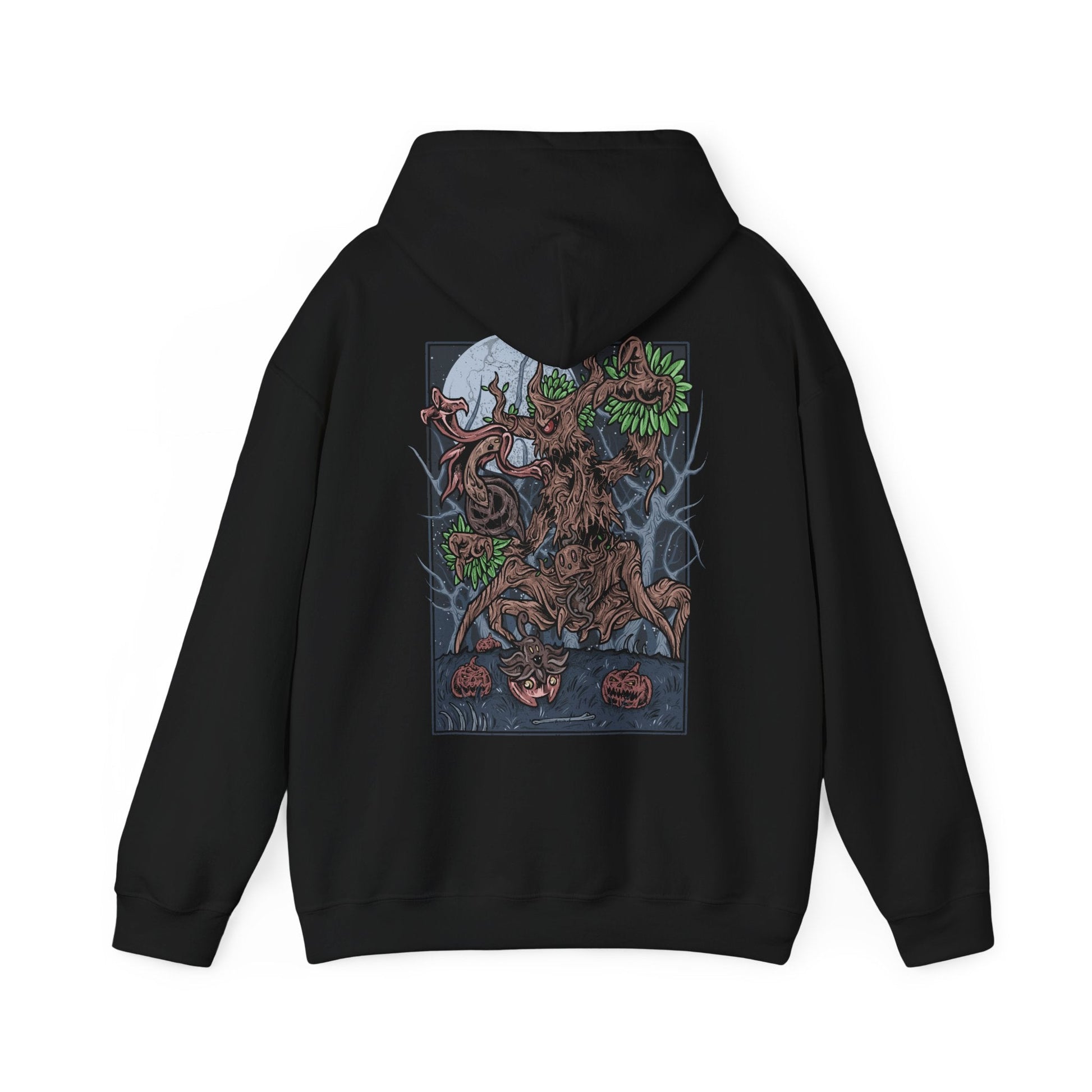 Image 5 of a Hooded Sweatshirt depicting Trevenant looming over a misty woodland path, its silhouette blending with towering trees as glowing eyes watch from the darkness. Subtle faces seem to form within its bark, hinting at the spirits bound inside. The design reflects Trevenant’s lore as a cursed forest spirit Pokémon, symbolizing vengeance, possession, and the eerie life hidden within Kalos forests.
