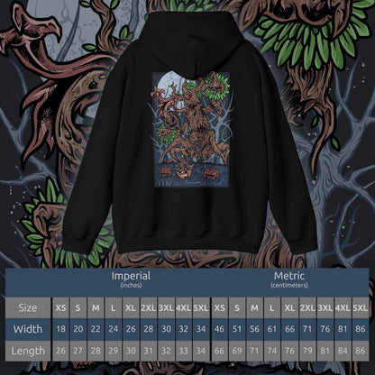 Size chart of a Hooded Sweatshirt depicting Trevenant looming over a misty woodland path, its silhouette blending with towering trees as glowing eyes watch from the darkness. Subtle faces seem to form within its bark, hinting at the spirits bound inside. The design reflects Trevenant’s lore as a cursed forest spirit Pokémon, symbolizing vengeance, possession, and the eerie life hidden within Kalos forests.