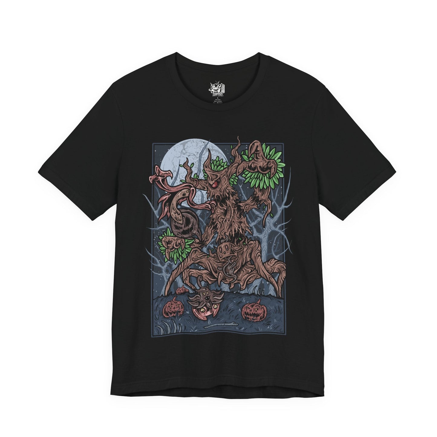 Image 4 of a T-shirt artwork depicting Trevenant standing deep within a dark Kalos forest, its wooden body twisted and jagged as glowing red eyes pierce through the fog. Shadowy roots spread across the ground while faint ghostly wisps swirl around its limbs. The design captures Trevenant’s role as a vengeful guardian Pokémon, embodying haunted woods, restless spirits, and ancient forest curses.