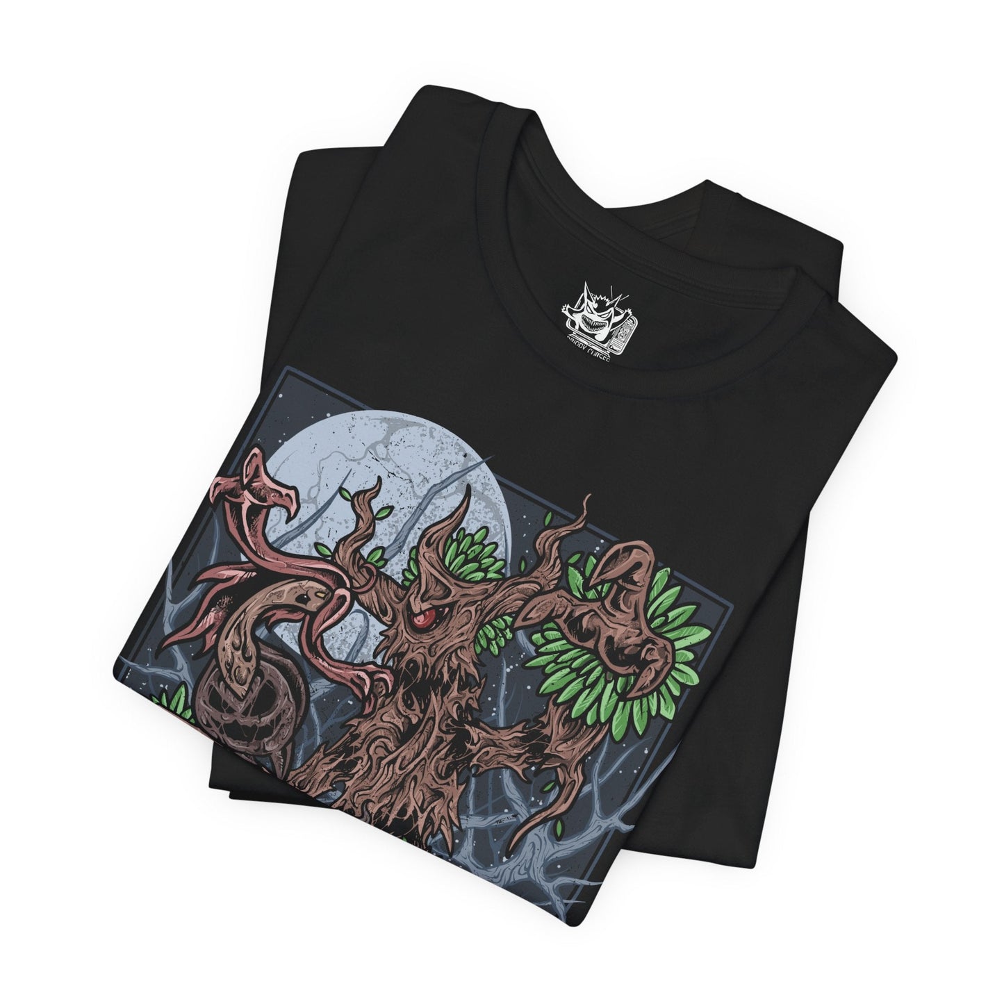 Image 5 of a T-shirt artwork depicting Trevenant standing deep within a dark Kalos forest, its wooden body twisted and jagged as glowing red eyes pierce through the fog. Shadowy roots spread across the ground while faint ghostly wisps swirl around its limbs. The design captures Trevenant’s role as a vengeful guardian Pokémon, embodying haunted woods, restless spirits, and ancient forest curses.