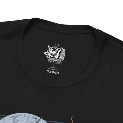 Folded T-shirt artwork depicting Trevenant standing deep within a dark Kalos forest, its wooden body twisted and jagged as glowing red eyes pierce through the fog. Shadowy roots spread across the ground while faint ghostly wisps swirl around its limbs. The design captures Trevenant’s role as a vengeful guardian Pokémon, embodying haunted woods, restless spirits, and ancient forest curses.