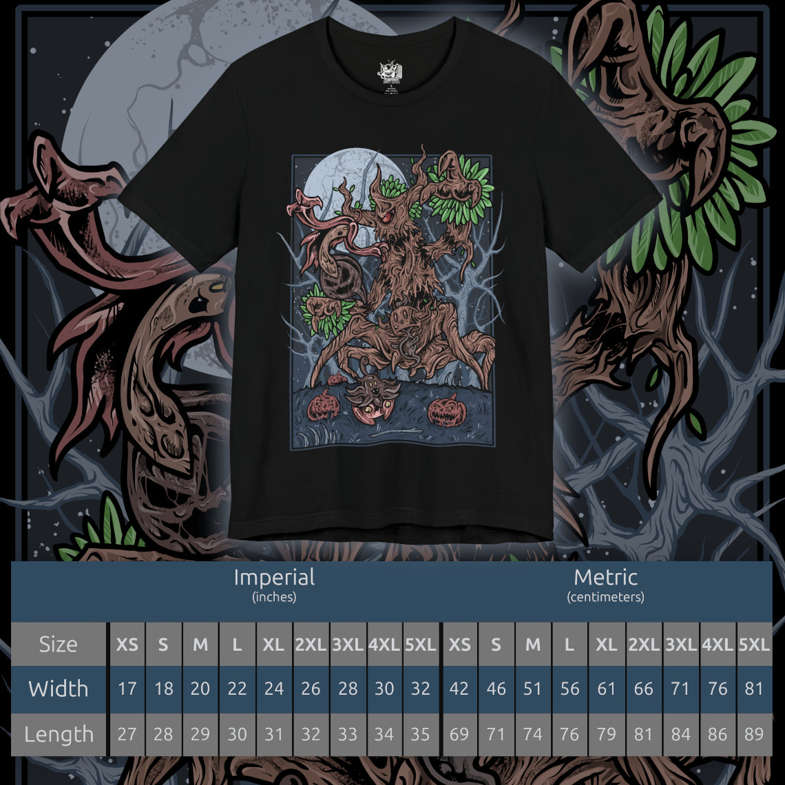 Size chart of a T-shirt artwork depicting Trevenant standing deep within a dark Kalos forest, its wooden body twisted and jagged as glowing red eyes pierce through the fog. Shadowy roots spread across the ground while faint ghostly wisps swirl around its limbs. The design captures Trevenant’s role as a vengeful guardian Pokémon, embodying haunted woods, restless spirits, and ancient forest curses.