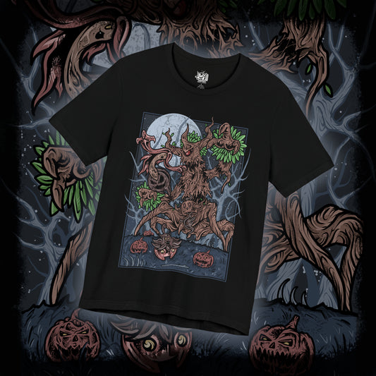 Thumbnail of a T-shirt artwork depicting Trevenant standing deep within a dark Kalos forest, its wooden body twisted and jagged as glowing red eyes pierce through the fog. Shadowy roots spread across the ground while faint ghostly wisps swirl around its limbs. The design captures Trevenant’s role as a vengeful guardian Pokémon, embodying haunted woods, restless spirits, and ancient forest curses.