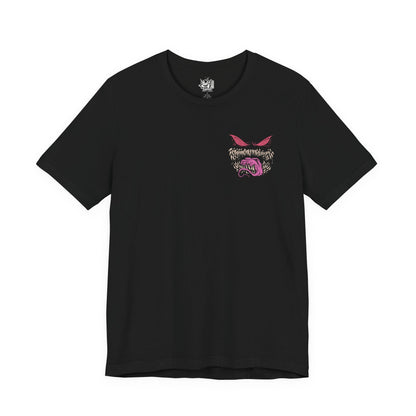 Image 4 of a T-shirt artwork depicting Gastly, Haunter, and Gengar together in a haunted forest, mist curling around roots and gravestones. Gastly hovers like a glowing orb, Haunter lurks with outstretched claws, and Gengar floats confidently with glowing eyes. The design reflects the progression from mischievous spirit to formidable shadow Pokémon, embodying stealth, fear, and spectral energy.