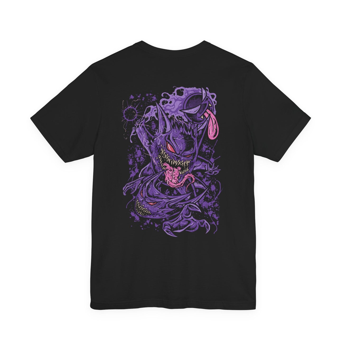 Image 5 of a T-shirt artwork depicting Gastly, Haunter, and Gengar together in a haunted forest, mist curling around roots and gravestones. Gastly hovers like a glowing orb, Haunter lurks with outstretched claws, and Gengar floats confidently with glowing eyes. The design reflects the progression from mischievous spirit to formidable shadow Pokémon, embodying stealth, fear, and spectral energy.