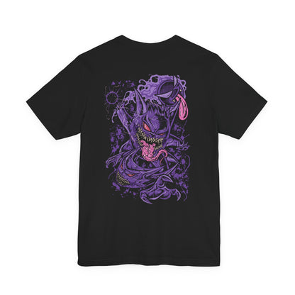Image 5 of a T-shirt artwork depicting Gastly, Haunter, and Gengar together in a haunted forest, mist curling around roots and gravestones. Gastly hovers like a glowing orb, Haunter lurks with outstretched claws, and Gengar floats confidently with glowing eyes. The design reflects the progression from mischievous spirit to formidable shadow Pokémon, embodying stealth, fear, and spectral energy.