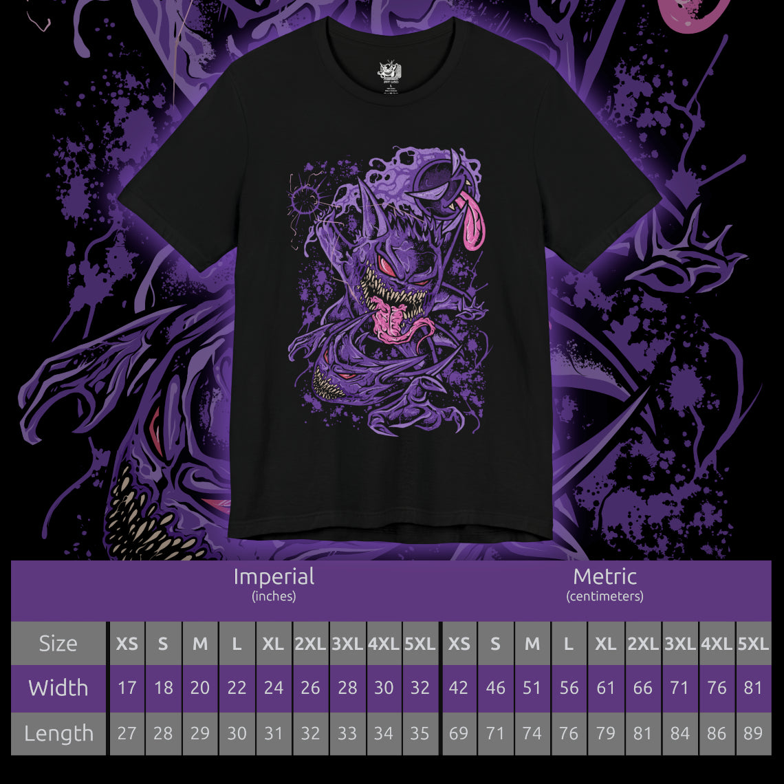 Size chart of a T-shirt artwork depicting Gastly, Haunter, and Gengar together in a haunted forest, mist curling around roots and gravestones. Gastly hovers like a glowing orb, Haunter lurks with outstretched claws, and Gengar floats confidently with glowing eyes. The design reflects the progression from mischievous spirit to formidable shadow Pokémon, embodying stealth, fear, and spectral energy.