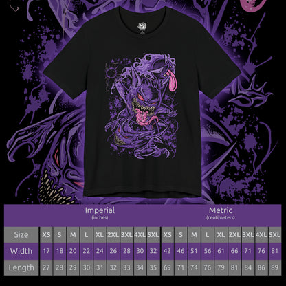 Size chart of a T-shirt artwork depicting Gastly, Haunter, and Gengar together in a haunted forest, mist curling around roots and gravestones. Gastly hovers like a glowing orb, Haunter lurks with outstretched claws, and Gengar floats confidently with glowing eyes. The design reflects the progression from mischievous spirit to formidable shadow Pokémon, embodying stealth, fear, and spectral energy.