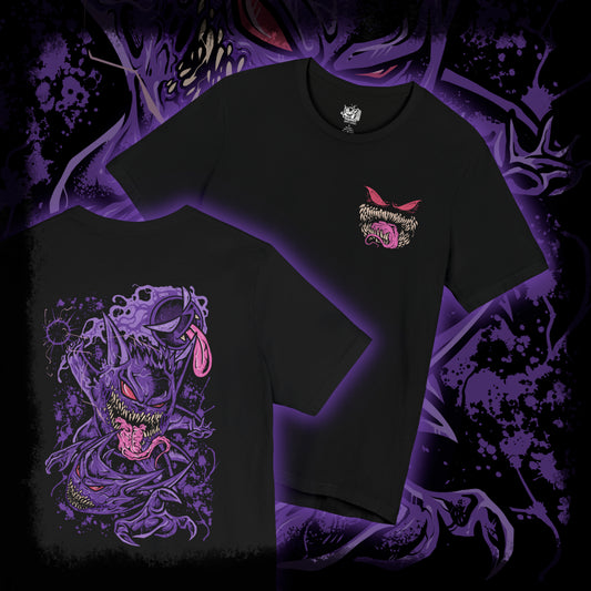 Thumbnail of a T-shirt artwork depicting Gastly, Haunter, and Gengar together in a haunted forest, mist curling around roots and gravestones. Gastly hovers like a glowing orb, Haunter lurks with outstretched claws, and Gengar floats confidently with glowing eyes. The design reflects the progression from mischievous spirit to formidable shadow Pokémon, embodying stealth, fear, and spectral energy.