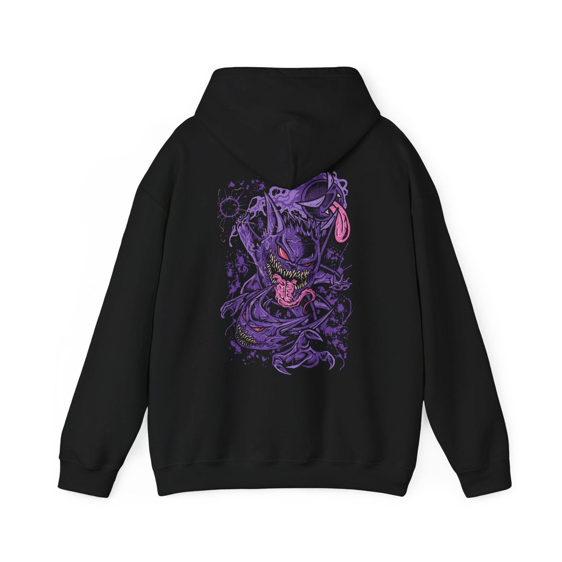 Image 5 of a Hooded Sweatshirt of the ghostly trio Gastly, Haunter, and Gengar hovering in a moonlit cemetery, their forms blending into swirling fog and shadows. Gastly’s gas pulses with purple haze, Haunter’s claws extend as if to strike, and Gengar’s grin radiates malevolent charm. The design emphasizes ghostly evolution, eerie playfulness, and the haunting charm that defines this classic Pokémon line.