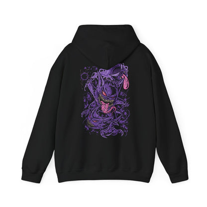 Image 5 of a Hooded Sweatshirt of the ghostly trio Gastly, Haunter, and Gengar hovering in a moonlit cemetery, their forms blending into swirling fog and shadows. Gastly’s gas pulses with purple haze, Haunter’s claws extend as if to strike, and Gengar’s grin radiates malevolent charm. The design emphasizes ghostly evolution, eerie playfulness, and the haunting charm that defines this classic Pokémon line.