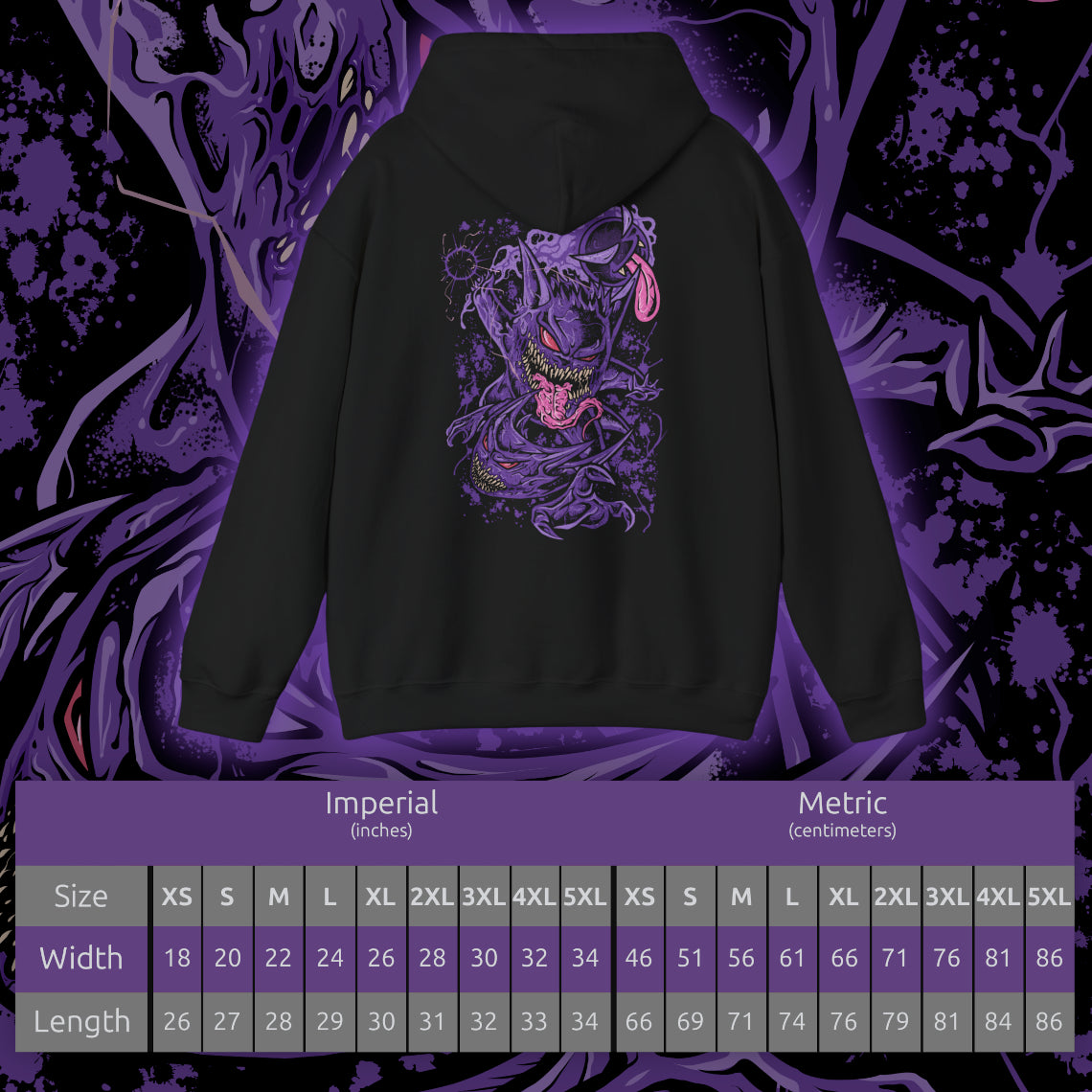 Size chart of a Hooded Sweatshirt of the ghostly trio Gastly, Haunter, and Gengar hovering in a moonlit cemetery, their forms blending into swirling fog and shadows. Gastly’s gas pulses with purple haze, Haunter’s claws extend as if to strike, and Gengar’s grin radiates malevolent charm. The design emphasizes ghostly evolution, eerie playfulness, and the haunting charm that defines this classic Pokémon line.