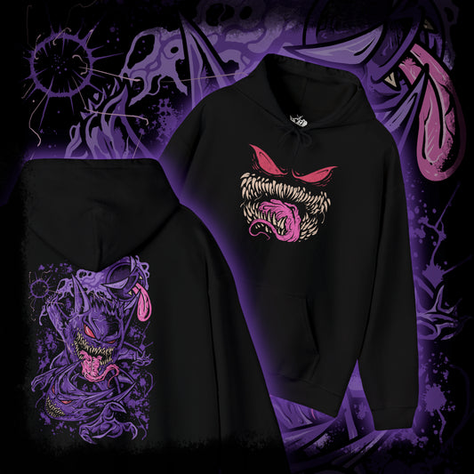 Thumbnail of a Hooded Sweatshirt of the ghostly trio Gastly, Haunter, and Gengar hovering in a moonlit cemetery, their forms blending into swirling fog and shadows. Gastly’s gas pulses with purple haze, Haunter’s claws extend as if to strike, and Gengar’s grin radiates malevolent charm. The design emphasizes ghostly evolution, eerie playfulness, and the haunting charm that defines this classic Pokémon line.