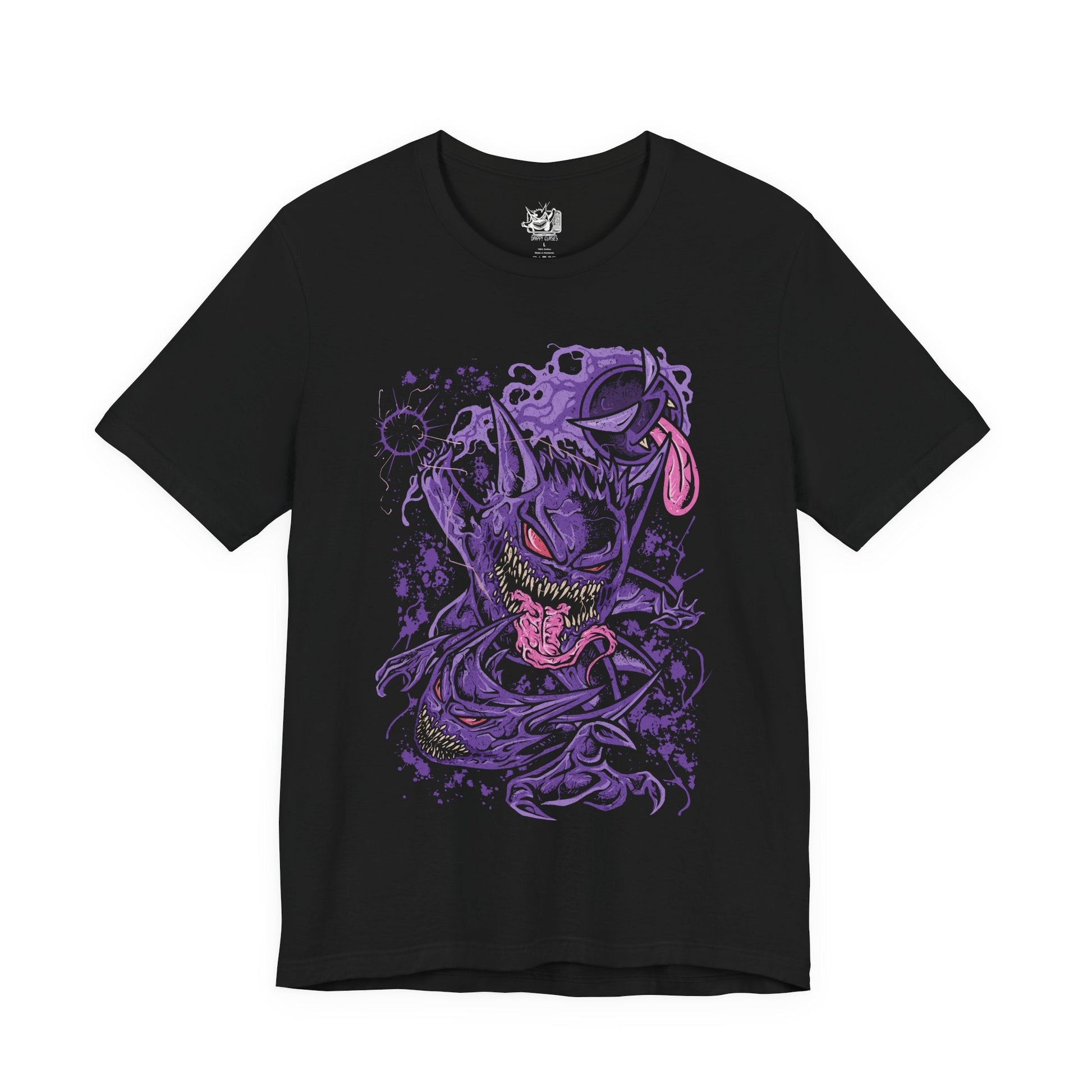 Image 4 of a T-shirt design of Gastly, Haunter, and Gengar from Pokémon, floating menacingly through a misty graveyard at night. Gastly’s gaseous form drifts in eerie swirls, Haunter’s clawed hands reach through the fog, and Gengar’s sinister grin glows under moonlight. The design captures the evolution of ghost-type Pokémon, their spectral power, and playful yet frightening presence.