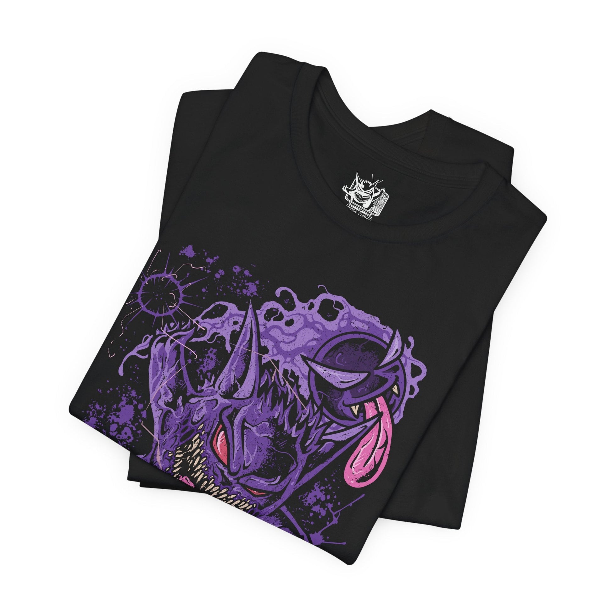 Image 5 of a T-shirt design of Gastly, Haunter, and Gengar from Pokémon, floating menacingly through a misty graveyard at night. Gastly’s gaseous form drifts in eerie swirls, Haunter’s clawed hands reach through the fog, and Gengar’s sinister grin glows under moonlight. The design captures the evolution of ghost-type Pokémon, their spectral power, and playful yet frightening presence.