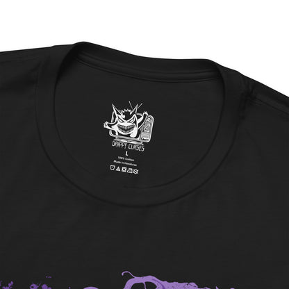Folded T-shirt design of Gastly, Haunter, and Gengar from Pokémon, floating menacingly through a misty graveyard at night. Gastly’s gaseous form drifts in eerie swirls, Haunter’s clawed hands reach through the fog, and Gengar’s sinister grin glows under moonlight. The design captures the evolution of ghost-type Pokémon, their spectral power, and playful yet frightening presence.