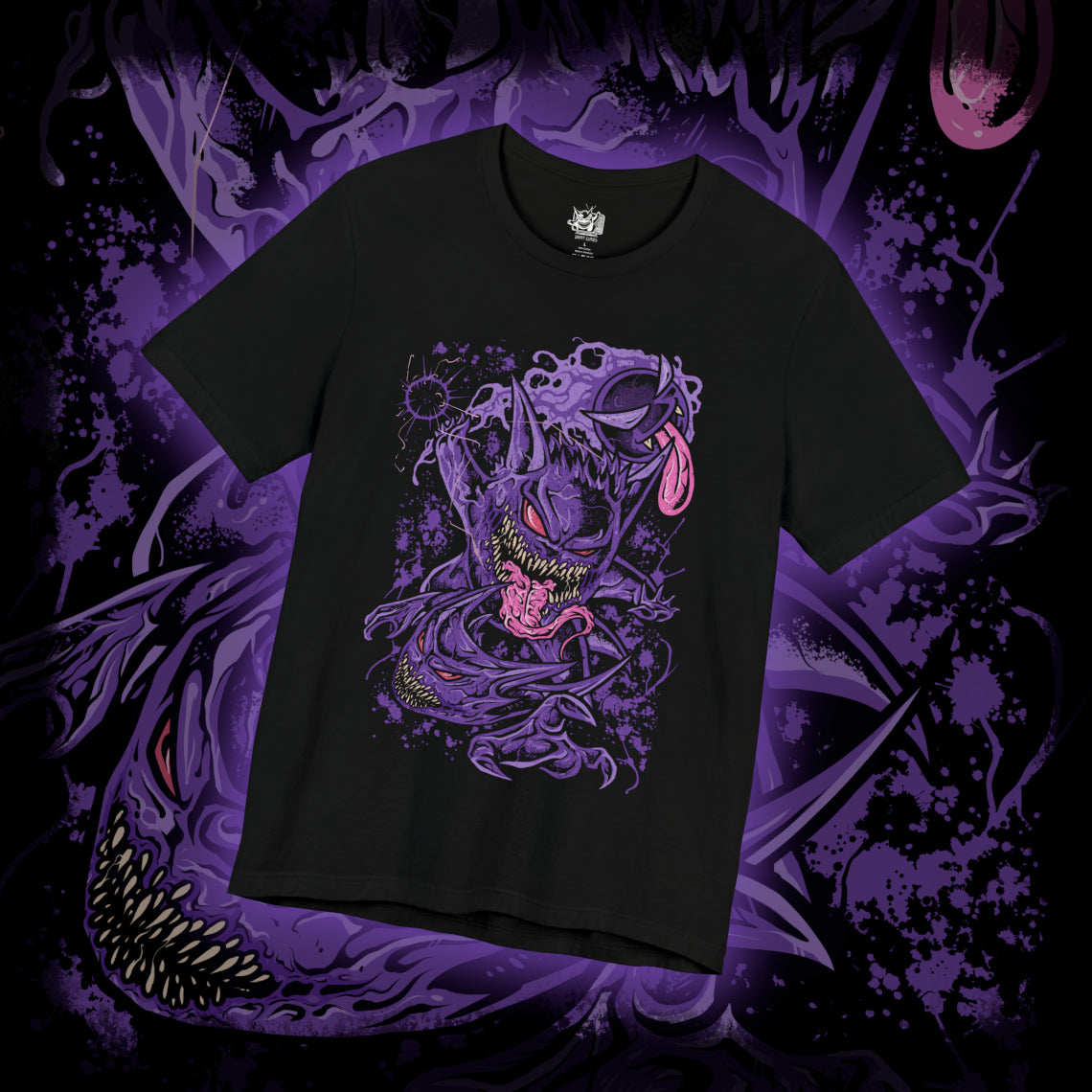Thumbnail of a T-shirt design of Gastly, Haunter, and Gengar from Pokémon, floating menacingly through a misty graveyard at night. Gastly’s gaseous form drifts in eerie swirls, Haunter’s clawed hands reach through the fog, and Gengar’s sinister grin glows under moonlight. The design captures the evolution of ghost-type Pokémon, their spectral power, and playful yet frightening presence.