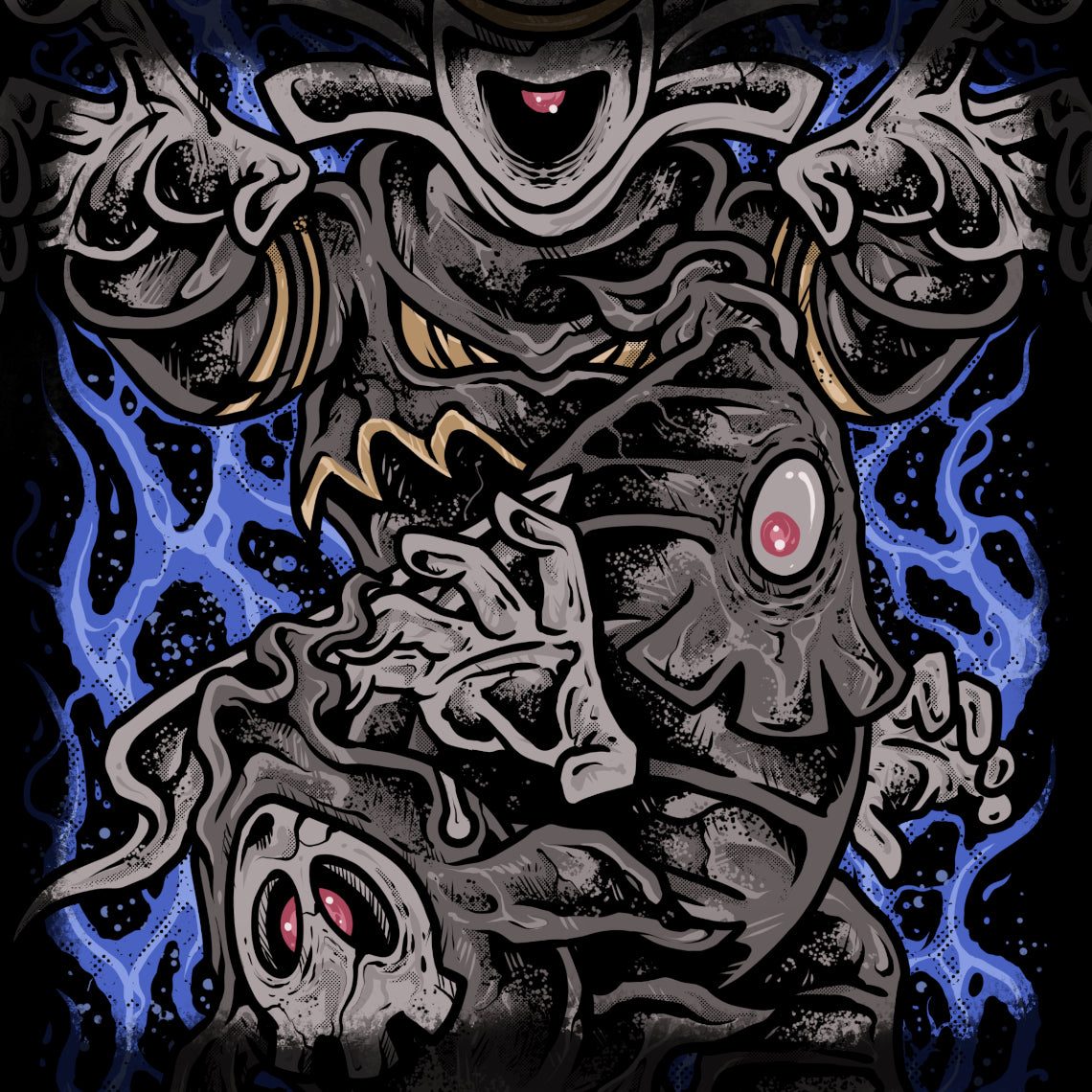 Artwork of The Soul Reapers of Sinnoh. This ghostly lineage is closely tied to the boundary between life and the spirit world. The smallest form silently watches from dark corners with its glowing eye. As it grows, its body conceals a mysterious void said to swallow anything drawn inside. In its final stage, it is believed to guide wandering souls toward the world beyond.