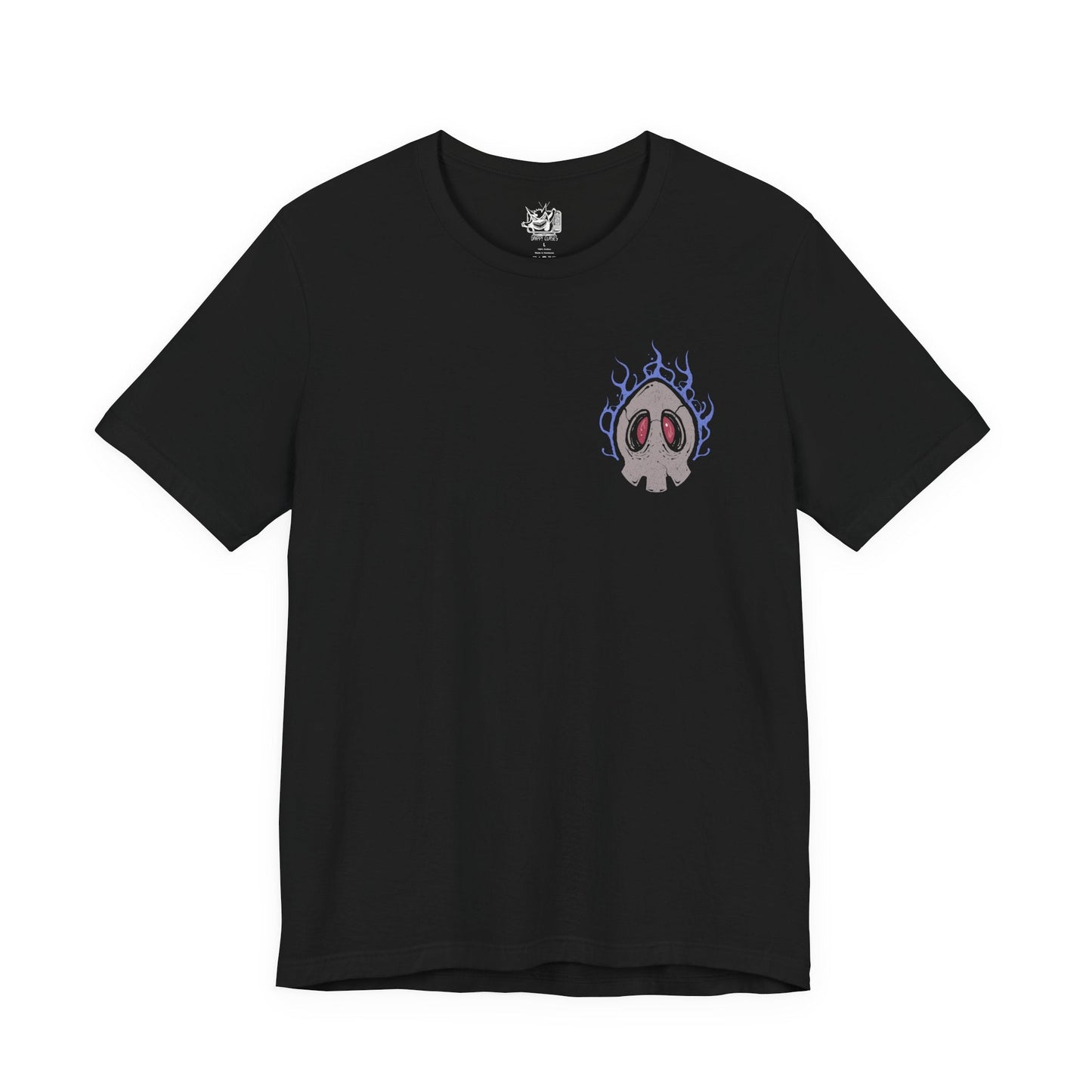 Image 4 of a T-shirt artwork depicting Duskull drifting through misty darkness, Dusclops advancing with heavy spectral presence, and Dusknoir commanding the scene with its imposing form. Shadow energy swirls around them like a gateway to another world. This design reflects their connection to the spirit realm and the haunting journey from playful phantom to solemn keeper of lost souls.