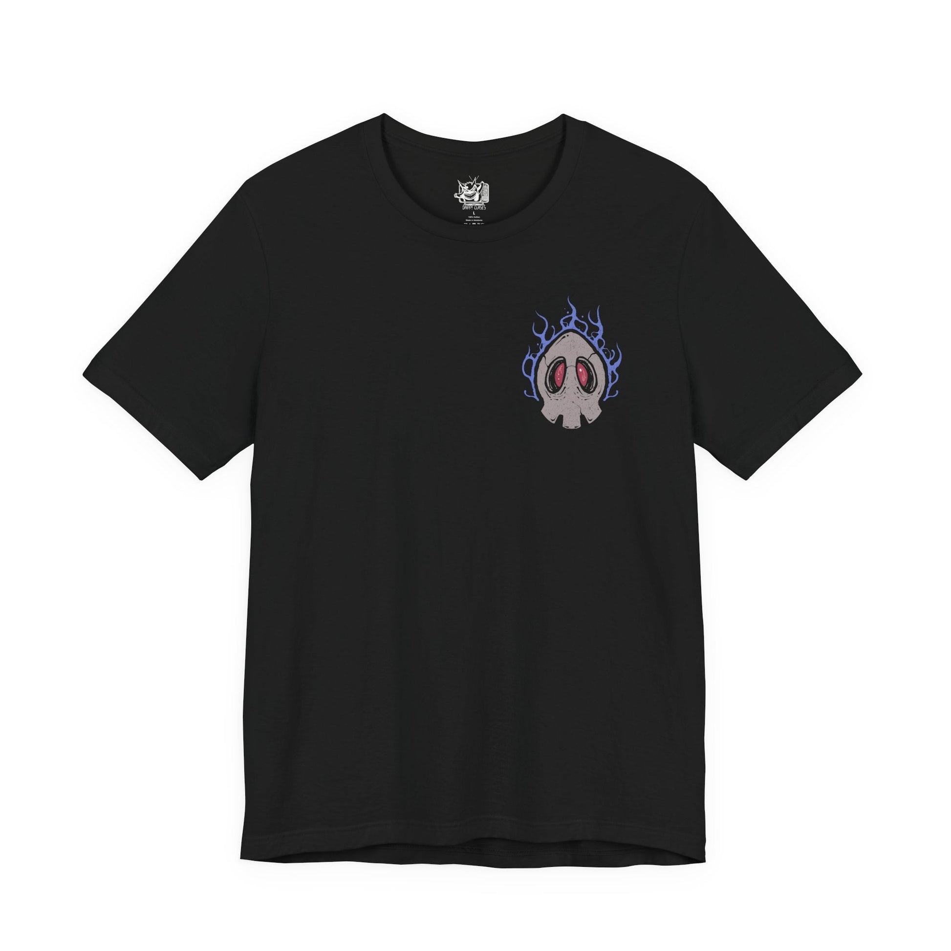 Image 4 of a T-shirt artwork depicting Duskull drifting through misty darkness, Dusclops advancing with heavy spectral presence, and Dusknoir commanding the scene with its imposing form. Shadow energy swirls around them like a gateway to another world. This design reflects their connection to the spirit realm and the haunting journey from playful phantom to solemn keeper of lost souls.