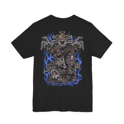 Image 5 of a T-shirt artwork depicting Duskull drifting through misty darkness, Dusclops advancing with heavy spectral presence, and Dusknoir commanding the scene with its imposing form. Shadow energy swirls around them like a gateway to another world. This design reflects their connection to the spirit realm and the haunting journey from playful phantom to solemn keeper of lost souls.