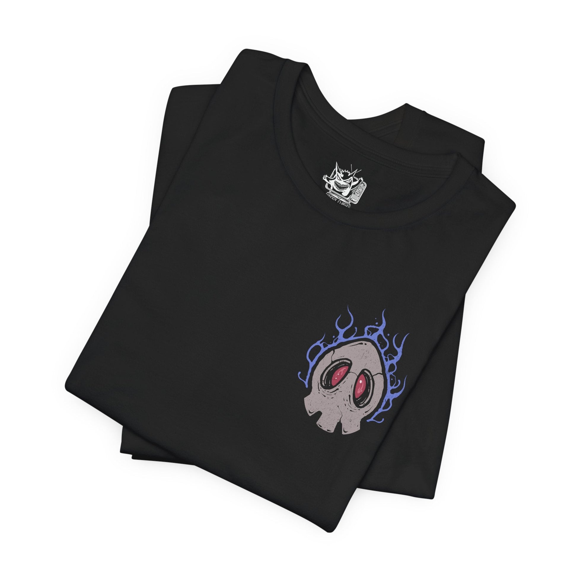 Image 6 of a T-shirt artwork depicting Duskull drifting through misty darkness, Dusclops advancing with heavy spectral presence, and Dusknoir commanding the scene with its imposing form. Shadow energy swirls around them like a gateway to another world. This design reflects their connection to the spirit realm and the haunting journey from playful phantom to solemn keeper of lost souls.