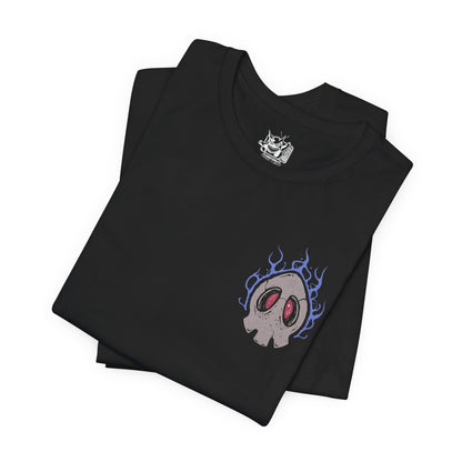 Image 6 of a T-shirt artwork depicting Duskull drifting through misty darkness, Dusclops advancing with heavy spectral presence, and Dusknoir commanding the scene with its imposing form. Shadow energy swirls around them like a gateway to another world. This design reflects their connection to the spirit realm and the haunting journey from playful phantom to solemn keeper of lost souls.