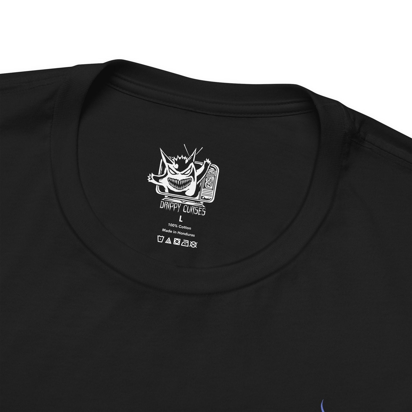 Folded T-shirt artwork depicting Duskull drifting through misty darkness, Dusclops advancing with heavy spectral presence, and Dusknoir commanding the scene with its imposing form. Shadow energy swirls around them like a gateway to another world. This design reflects their connection to the spirit realm and the haunting journey from playful phantom to solemn keeper of lost souls.