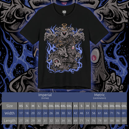 Size chart of a T-shirt artwork depicting Duskull drifting through misty darkness, Dusclops advancing with heavy spectral presence, and Dusknoir commanding the scene with its imposing form. Shadow energy swirls around them like a gateway to another world. This design reflects their connection to the spirit realm and the haunting journey from playful phantom to solemn keeper of lost souls.