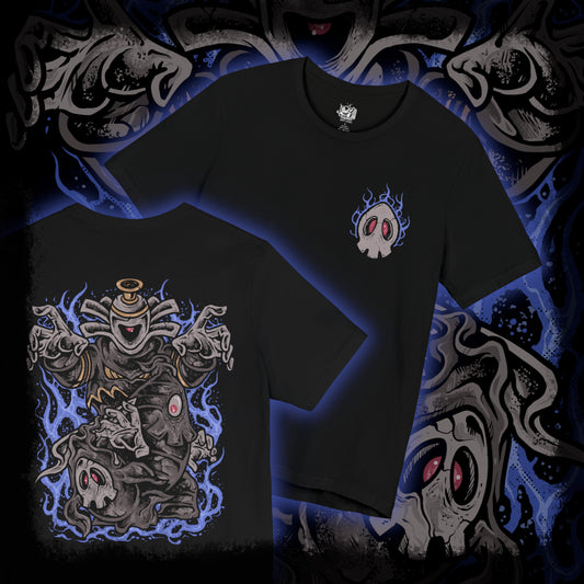 Thumbnail of a T-shirt artwork depicting Duskull drifting through misty darkness, Dusclops advancing with heavy spectral presence, and Dusknoir commanding the scene with its imposing form. Shadow energy swirls around them like a gateway to another world. This design reflects their connection to the spirit realm and the haunting journey from playful phantom to solemn keeper of lost souls.