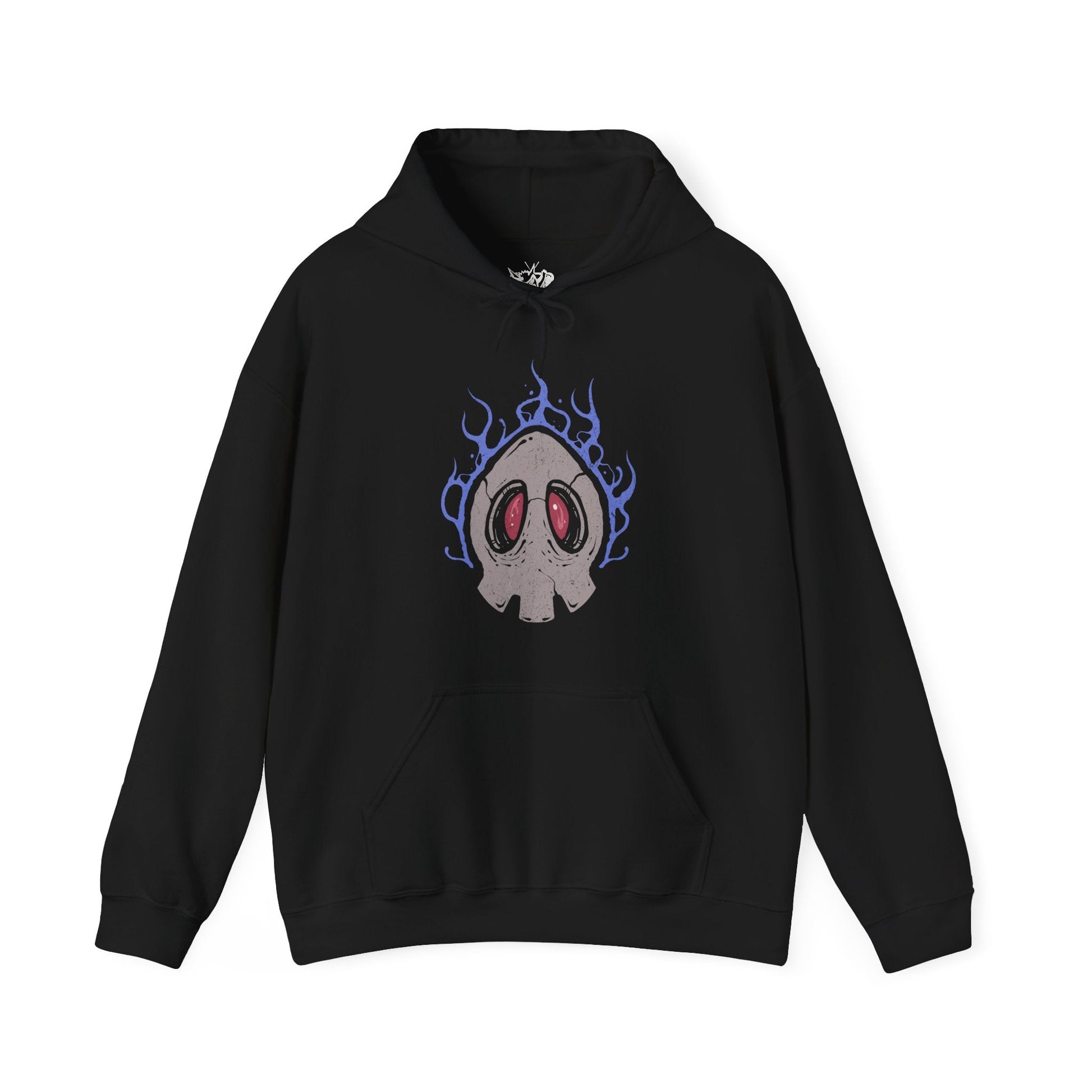 Image 4 of a Hooded Sweatshirt of Duskull, Dusclops, and Dusknoir framed by ghostly fog and flickering blue flame. Duskull hovers silently, Dusclops radiates quiet menace, and Dusknoir stands as a powerful warden of the dead. The composition emphasizes evolution, supernatural authority, and the mysterious presence that defines this ghost-type lineage.