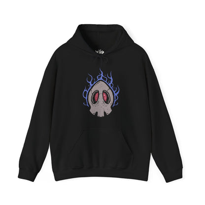 Image 4 of a Hooded Sweatshirt of Duskull, Dusclops, and Dusknoir framed by ghostly fog and flickering blue flame. Duskull hovers silently, Dusclops radiates quiet menace, and Dusknoir stands as a powerful warden of the dead. The composition emphasizes evolution, supernatural authority, and the mysterious presence that defines this ghost-type lineage.
