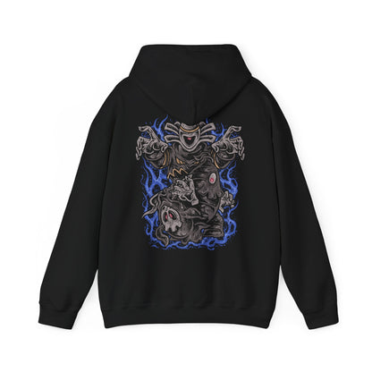 Image 5 of a Hooded Sweatshirt of Duskull, Dusclops, and Dusknoir framed by ghostly fog and flickering blue flame. Duskull hovers silently, Dusclops radiates quiet menace, and Dusknoir stands as a powerful warden of the dead. The composition emphasizes evolution, supernatural authority, and the mysterious presence that defines this ghost-type lineage.