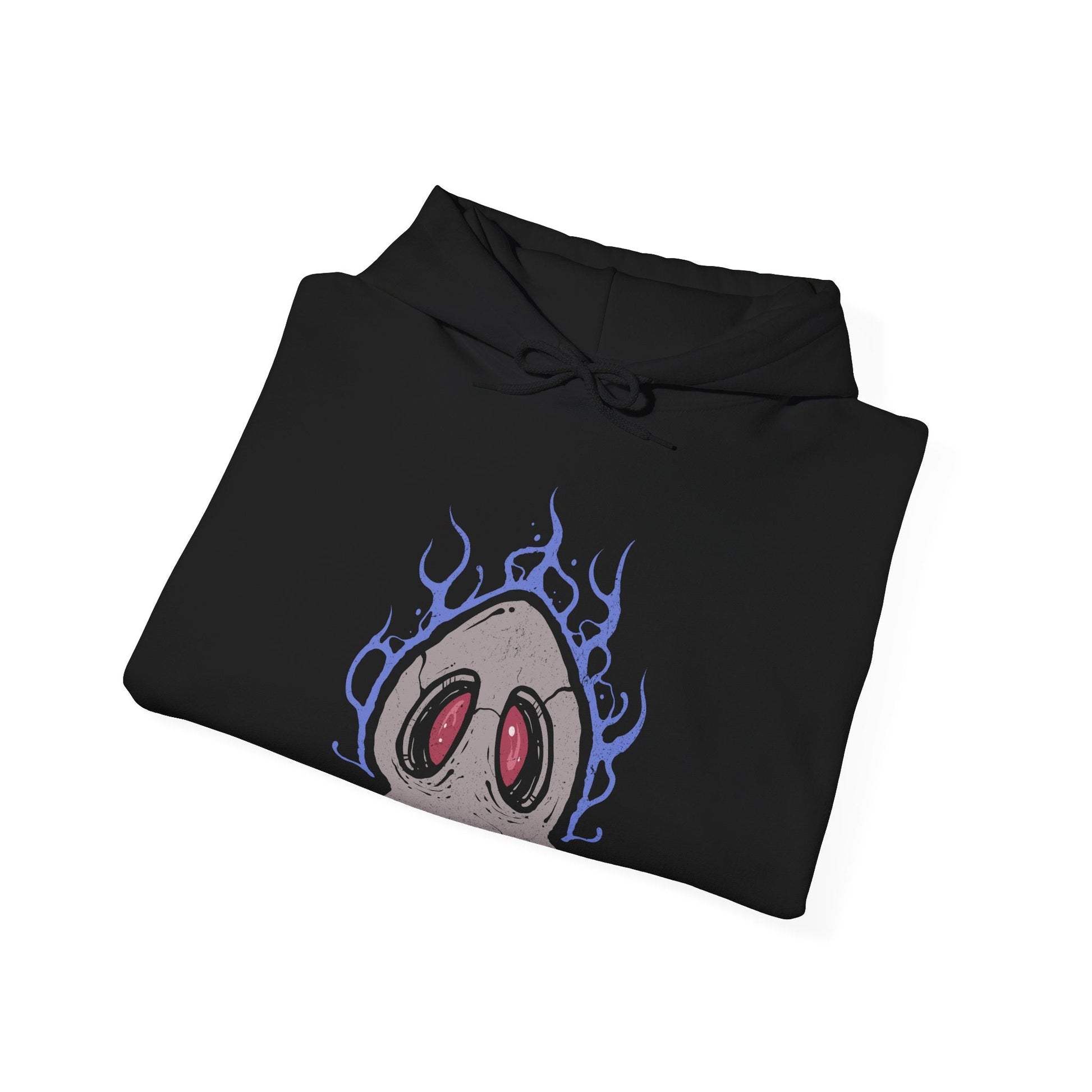 Image 6 of a Hooded Sweatshirt of Duskull, Dusclops, and Dusknoir framed by ghostly fog and flickering blue flame. Duskull hovers silently, Dusclops radiates quiet menace, and Dusknoir stands as a powerful warden of the dead. The composition emphasizes evolution, supernatural authority, and the mysterious presence that defines this ghost-type lineage.