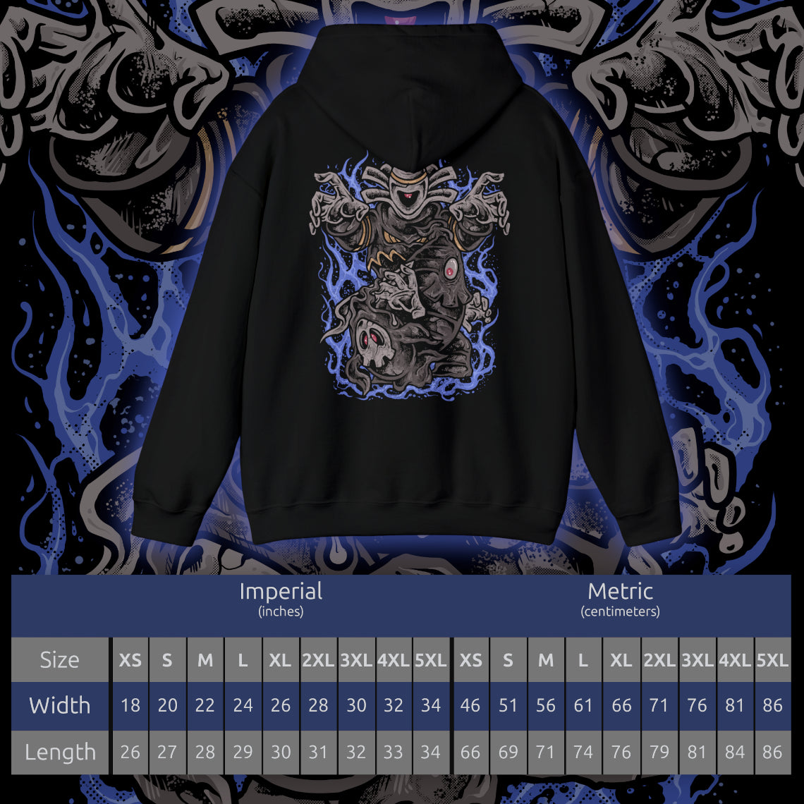 Size chart of a Hooded Sweatshirt of Duskull, Dusclops, and Dusknoir framed by ghostly fog and flickering blue flame. Duskull hovers silently, Dusclops radiates quiet menace, and Dusknoir stands as a powerful warden of the dead. The composition emphasizes evolution, supernatural authority, and the mysterious presence that defines this ghost-type lineage.