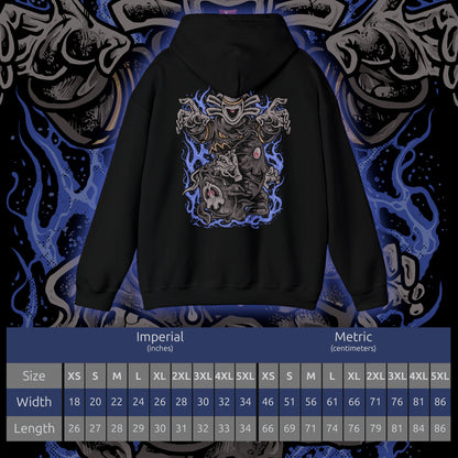Size chart of a Hooded Sweatshirt of Duskull, Dusclops, and Dusknoir framed by ghostly fog and flickering blue flame. Duskull hovers silently, Dusclops radiates quiet menace, and Dusknoir stands as a powerful warden of the dead. The composition emphasizes evolution, supernatural authority, and the mysterious presence that defines this ghost-type lineage.
