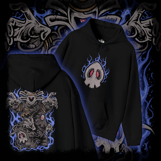 Thumbnail of a Hooded Sweatshirt of Duskull, Dusclops, and Dusknoir framed by ghostly fog and flickering blue flame. Duskull hovers silently, Dusclops radiates quiet menace, and Dusknoir stands as a powerful warden of the dead. The composition emphasizes evolution, supernatural authority, and the mysterious presence that defines this ghost-type lineage.