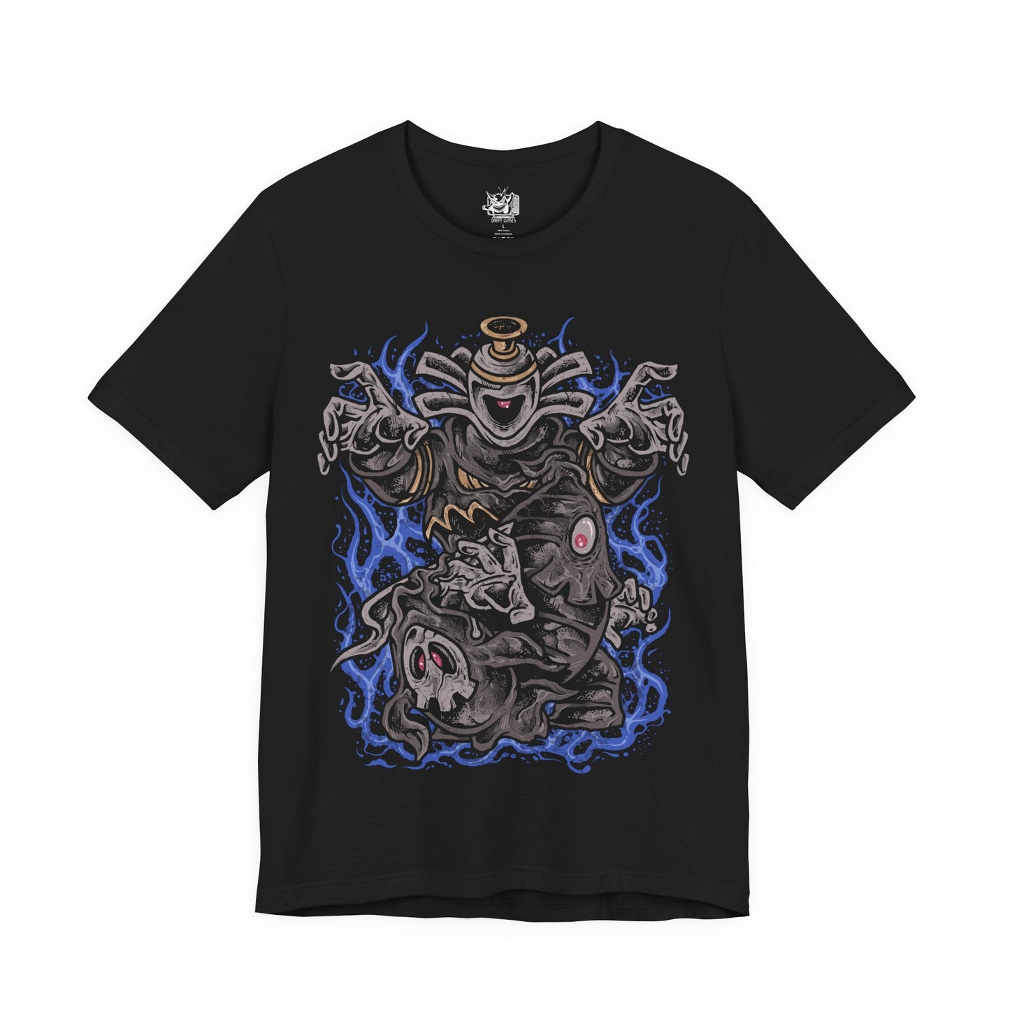 Image 4 of a T-shirt design of Duskull, Dusclops, and Dusknoir from Pokémon, emerging from a shadow-filled spirit realm. Duskull’s single red eye glows beneath its skull mask, Dusclops looms with bandaged form and hollow stare, while Dusknoir towers as a spectral guide of the afterlife. The design captures ghost-type evolution and the eerie progression from wandering spirit to underworld sentinel.