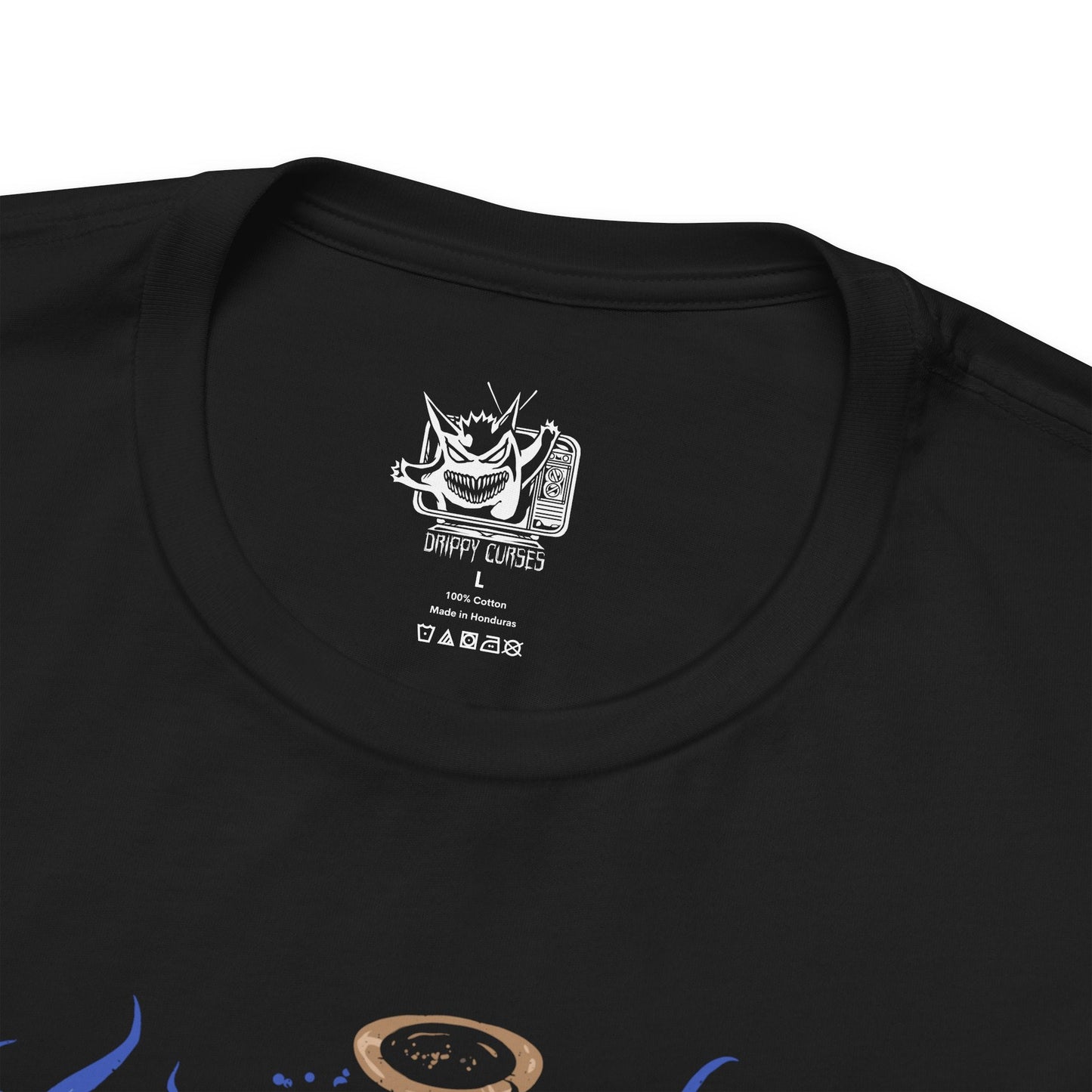 Folded T-shirt design of Duskull, Dusclops, and Dusknoir from Pokémon, emerging from a shadow-filled spirit realm. Duskull’s single red eye glows beneath its skull mask, Dusclops looms with bandaged form and hollow stare, while Dusknoir towers as a spectral guide of the afterlife. The design captures ghost-type evolution and the eerie progression from wandering spirit to underworld sentinel.