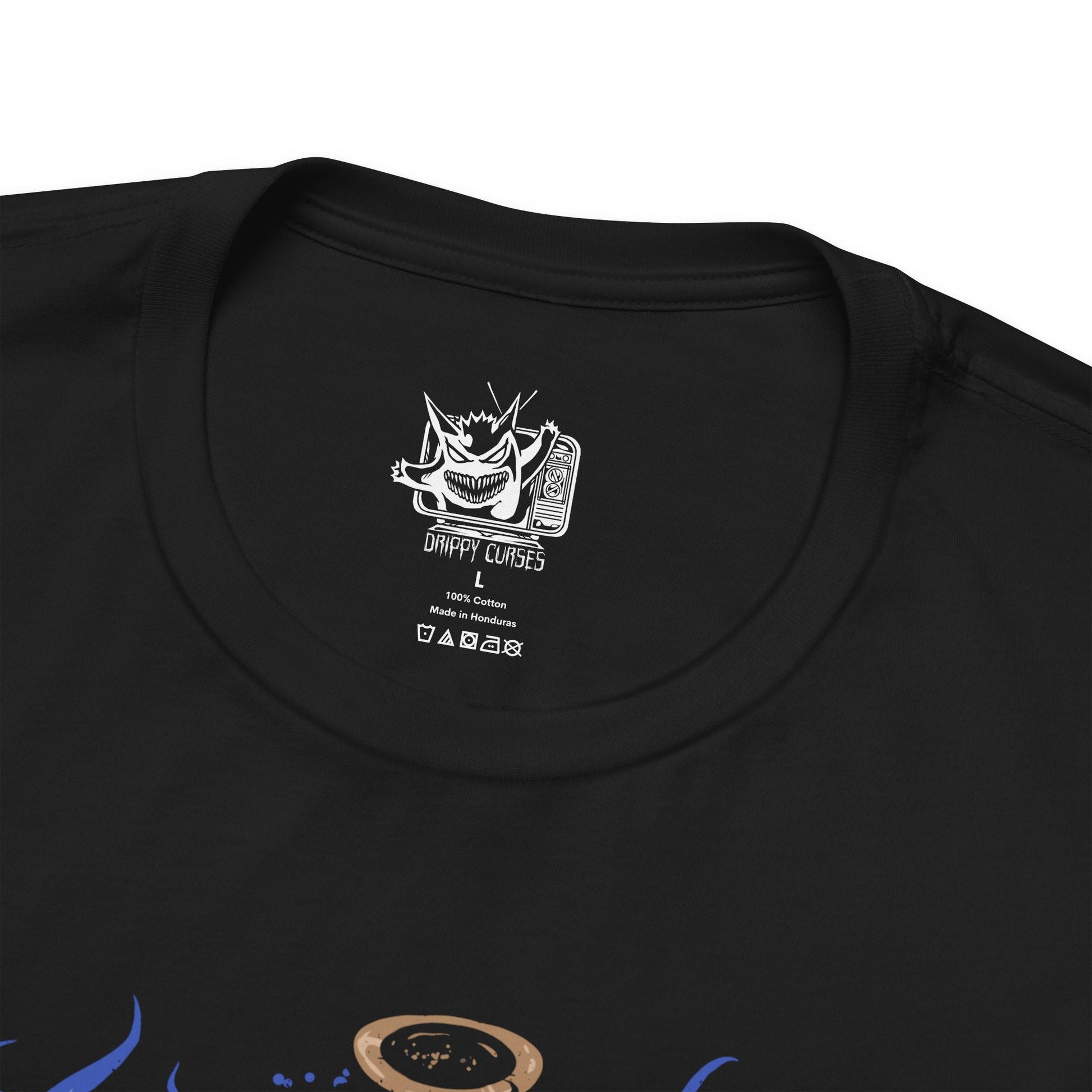 Folded T-shirt design of Duskull, Dusclops, and Dusknoir from Pokémon, emerging from a shadow-filled spirit realm. Duskull’s single red eye glows beneath its skull mask, Dusclops looms with bandaged form and hollow stare, while Dusknoir towers as a spectral guide of the afterlife. The design captures ghost-type evolution and the eerie progression from wandering spirit to underworld sentinel.