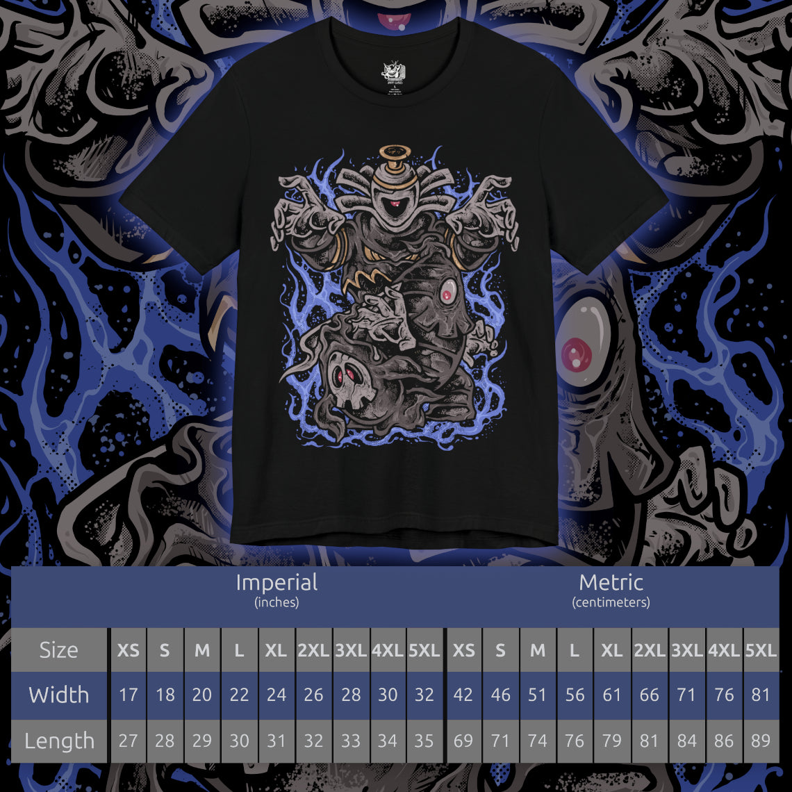 Size chart of a T-shirt design of Duskull, Dusclops, and Dusknoir from Pokémon, emerging from a shadow-filled spirit realm. Duskull’s single red eye glows beneath its skull mask, Dusclops looms with bandaged form and hollow stare, while Dusknoir towers as a spectral guide of the afterlife. The design captures ghost-type evolution and the eerie progression from wandering spirit to underworld sentinel.