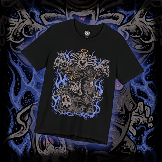 Thumbnail of a T-shirt design of Duskull, Dusclops, and Dusknoir from Pokémon, emerging from a shadow-filled spirit realm. Duskull’s single red eye glows beneath its skull mask, Dusclops looms with bandaged form and hollow stare, while Dusknoir towers as a spectral guide of the afterlife. The design captures ghost-type evolution and the eerie progression from wandering spirit to underworld sentinel.