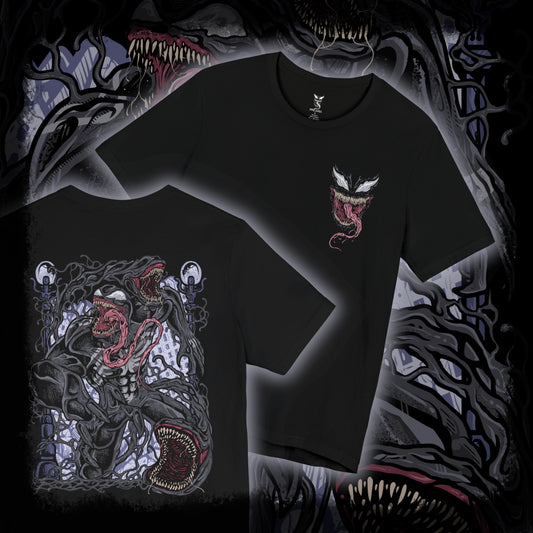 Thumbnail of a T-Shirt artwork depicting Venom lunging from the shadows with claws extended, black symbiote tendrils whipping through the air around him. Rain falls across a dark city skyline while his white spider emblem glows against the living suit. This design reflects raw aggression, chaotic strength, and the relentless hunger that makes Venom one of Marvel’s most iconic antiheroes.