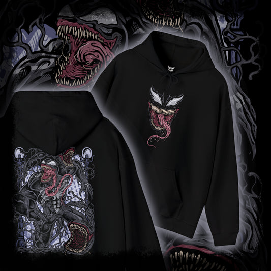 Thumbnail of a Hooded Sweatshirt of Venom standing atop a gothic city rooftop at night, muscular frame covered in shifting symbiote texture as lightning flashes behind him. His jagged grin and enormous fangs create a terrifying silhouette against the storm. The composition emphasizes brutality, alien corruption, and the overwhelming presence of a creature driven by rage and instinct.